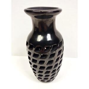 Oaxaca Mexico Art Dona Rosa Cut Out Pottery Vase Black 5.25 in Unique HTF Decor